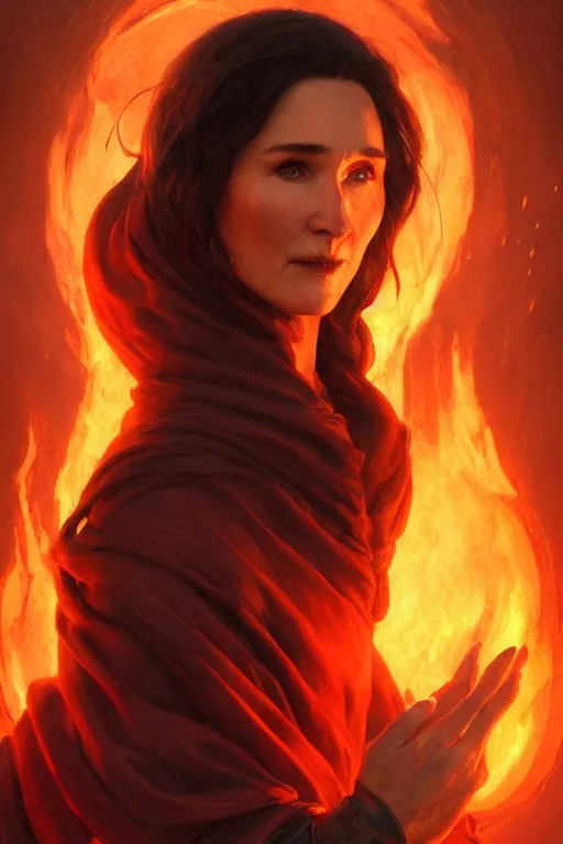 Prompt: carice van houten as a fire priest, only two hands, highly detailed, digital painting, artstation, concept art, smooth, sharp focus, illustration, unreal engine 5, 8 k, art by art by artgerm and greg rutkowski and edgar maxence