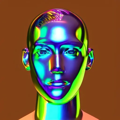 Image similar to 3d render of holographic human robotic head made of glossy iridescent, surrealistic 3d illustration of a human face non-binary, non binary model, 3d model human, cryengine, made of holographic texture, holographic material, holographic rainbow, concept of cyborg and artificial intelligence