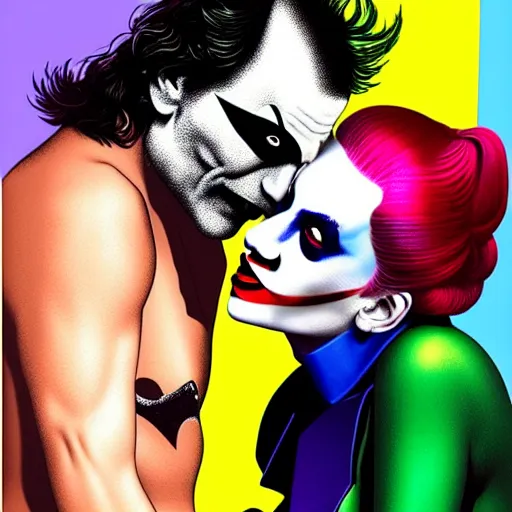 Image similar to richard hamilton and mimmo rottela as lady gaga harley queen and joaquin phoenix joker kissing, pop art, medium long shot, 3 color, separate content, object details, dynamic composition, 4 k, ultra realistic art, smooth, sharp focus, illustration, concept art, intricate details, h 7 6 8