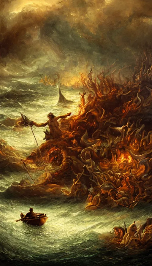 Image similar to man on boat crossing a body of water in hell with creatures in the water, sea of souls, by khara inc