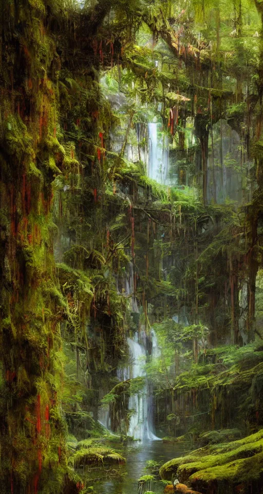 Prompt: ancient forest, moss, waterfall, intricate, vivid colors, brush strokes, elegant, highly detailed, richard schmid, john park, ruan jia, jeffrey catherine jones