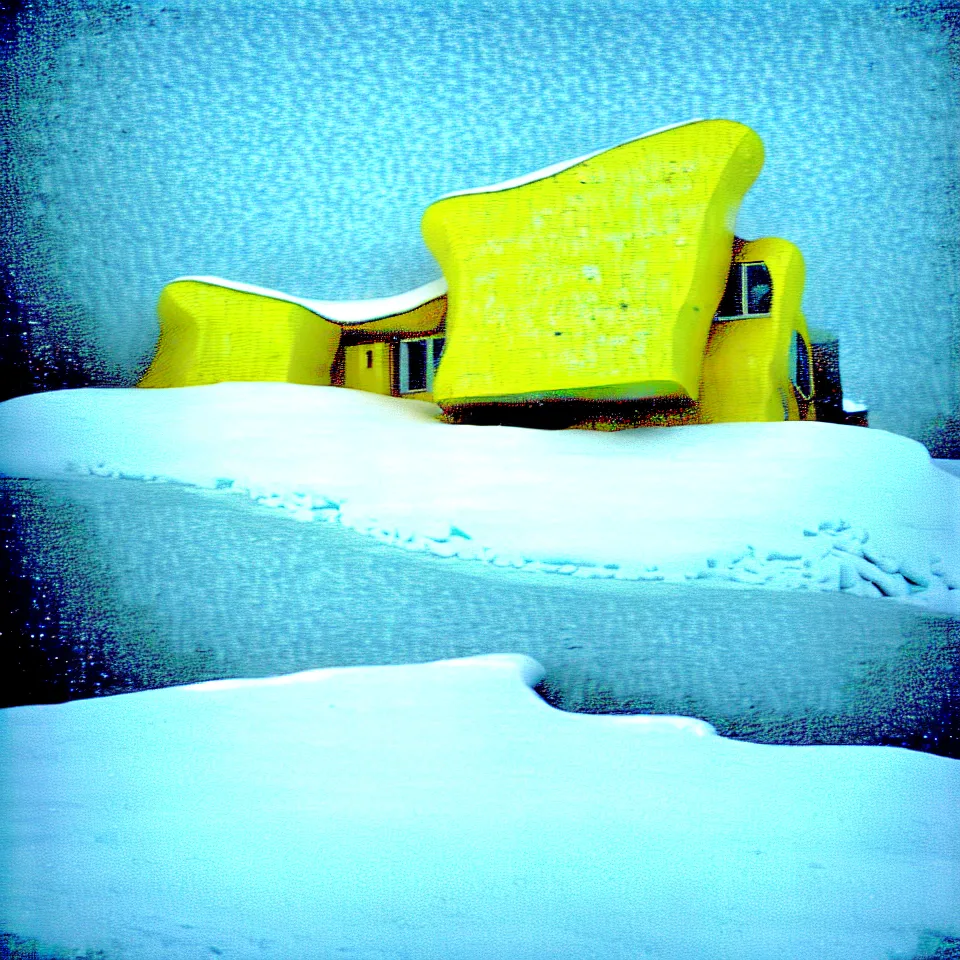 Prompt: a road leading to a mid-century modern house with large windows on top of a cliff in the arctic, covered with snow, designed by Frank Gehry. Big tiles. Film grain, cinematic, yellow hue