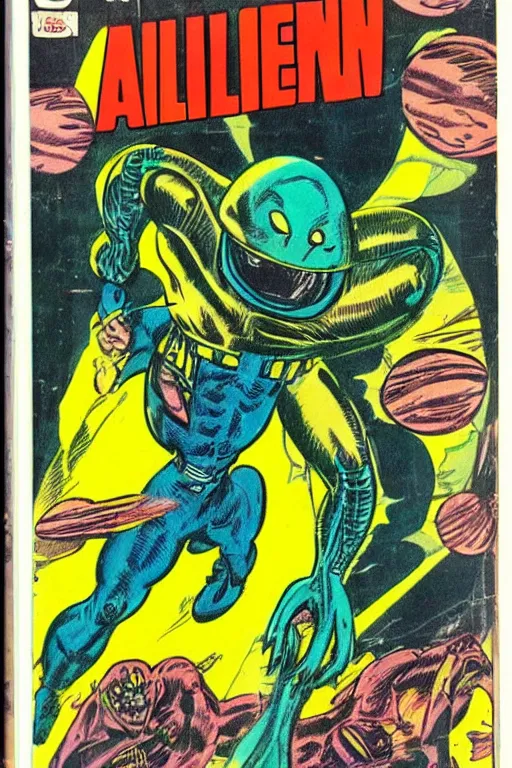 Image similar to alien drawn by jack kirby, vintage 7 0 s comic cover - art