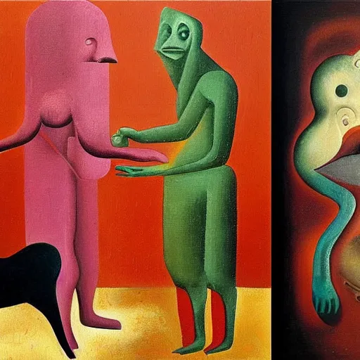 Image similar to Oil painting by Rufino Tamayo. Two mechanical gods with animal faces having a conversation. Oil painting by Dali. Portrait by Lisa Yuskavage.
