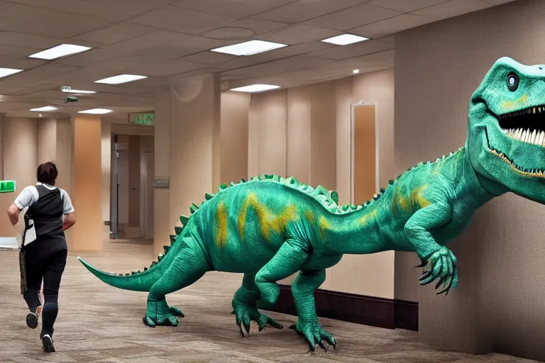 Image similar to a dinosaur checking into a hotel with a bunch of employees running in fear