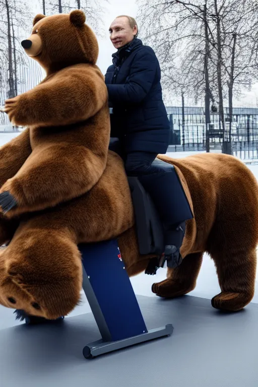 Image similar to a picture of putin ride robotic bear in moscow. - photorealistic, pullitzer winning, taken with canon eos 5 d mark iv, versatile, lens interoperability, autofocus, 4 k uhd video capture at 3 0 fps, 8 k time - lapse functions, by karah mew, jodie bateman