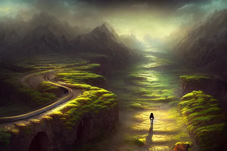 Prompt: beguiling epic stunning beautiful insanely detailed landscape matte painting of the road to nowhere designed by michal karcz, by cyril rolando and asher durand and natalie shau, whimsical, intricate