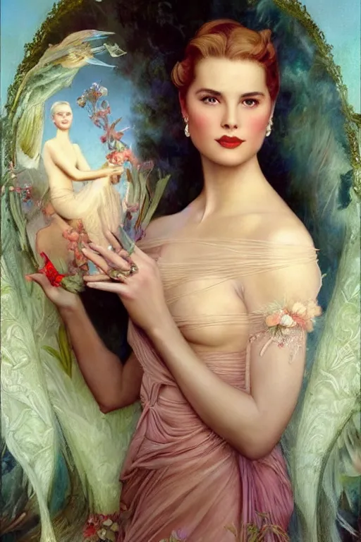 Image similar to A young and extremely beautiful Grace Kelly explaining the birds and the bees by Tom Bagshaw in the style of a modern Gaston Bussière, art nouveau, art deco, surrealism. Extremely lush detail. Perfect composition and lighting. Profoundly surreal. Lush surrealistic photorealism. Sultry expression on her face.