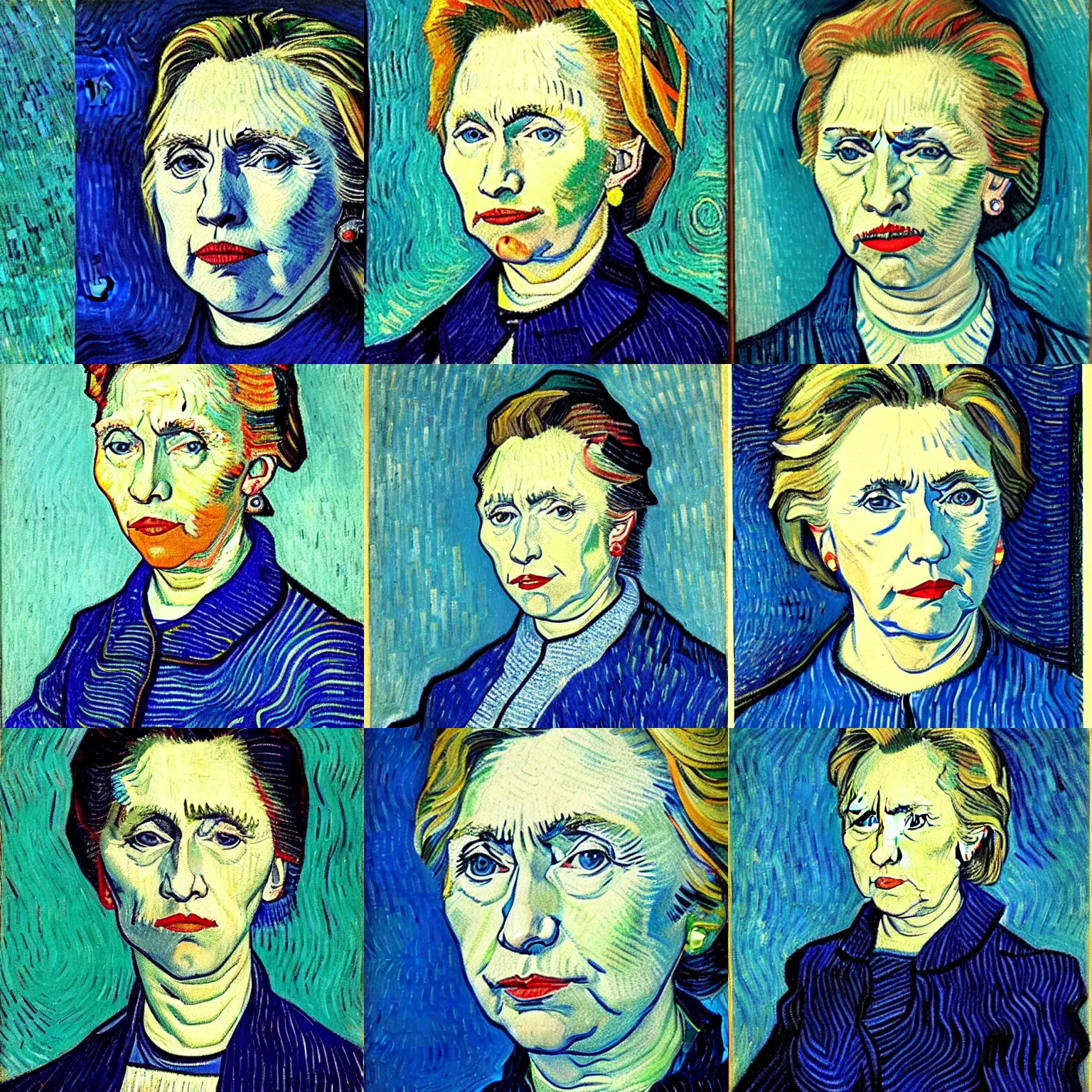 Prompt: detailed portrait of hillary clinton, thick blue lines, painted by vincent van gogh, oil on canvas, 1 8 8 9.