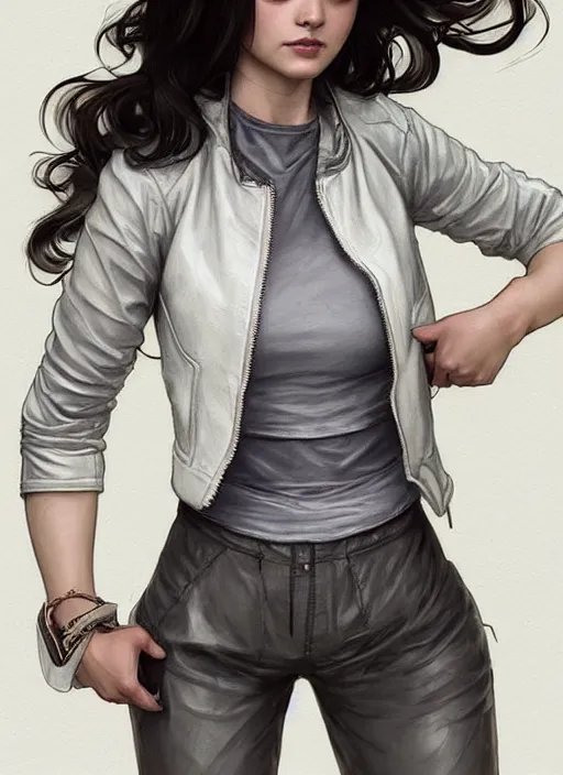 Image similar to girl in very short white! top and very short gray! leather jacket, open belly, long dark curly hair, high waist sweatpants, intricate, elegant, highly detailed, digital painting, artstation, concept art, smooth, illustration, art by artgerm and greg rutkowski and alphonse mucha