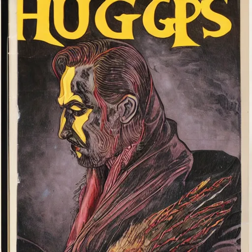 Image similar to vincent price as howard hughes in long black feathered cloak, black hands tipped with black claws, feathers growing out of skin, at opulent desk, comic book cover, vivid, illustration, highly detailed, rough paper, dark, oil painting