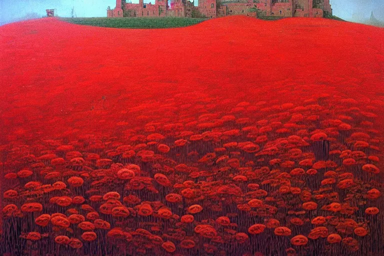 Prompt: only with red, red flowers of different types, a castle in the background, red orcs and trolls dance over the flowers, in the style of beksinski, part by hopper, part by rodcenko, part by hofbauer, intricate composition, red by caravaggio, insanely quality, highly detailed, masterpiece, red light, artstation