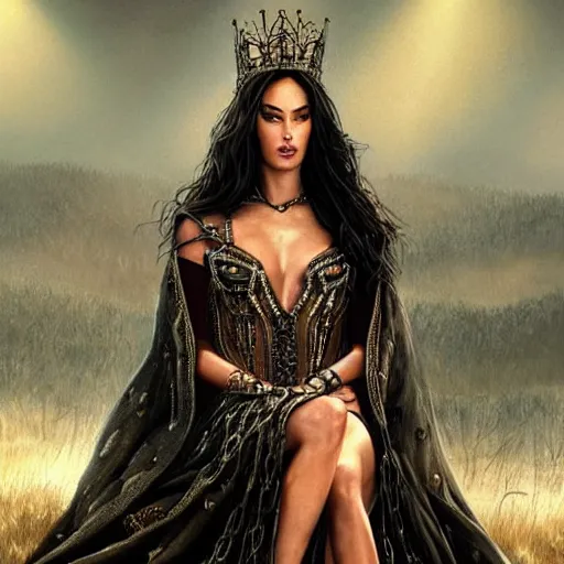 Image similar to a queen is sitting on her throne dressed in chains, looks like megan fox, beautiful highly detailed face, complementary lighting, backlit, black eyeshadow, grinning, adventure, dramatic lighting, landscape background, beautiful painting by artgerm and greg rutkowski and raymond swanland