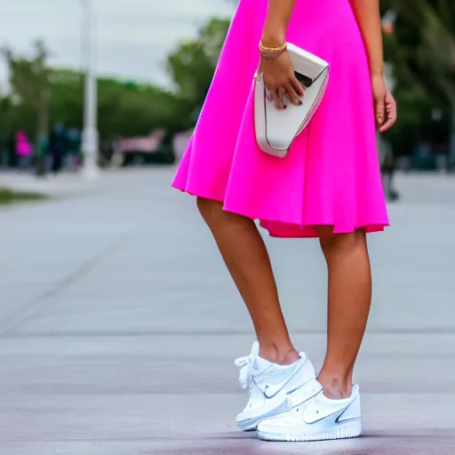 Prompt: same image but only one person in it, full body shot in a pink dress, nike air force 1 sneakers