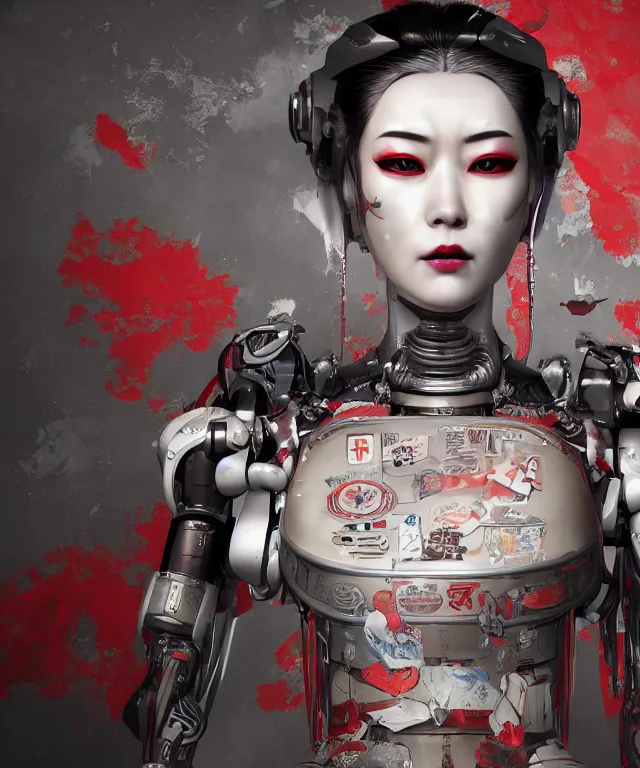 Image similar to an epic fantastic realism comic book style portrait painting of a japanese robotic geisha with kanji tattoos and decals, apex legends, octane render, intricate detail, 4 k hd, unreal engine 5, ex machina, irobot