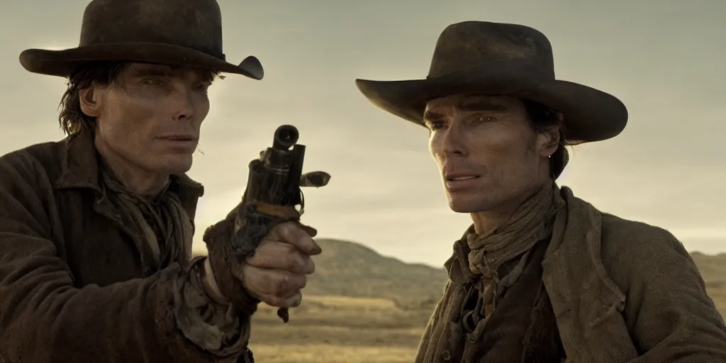 Prompt: portrait of rugged bandit cillian murphy in the old west, strangling a cowboy in volumetric lighting, cinematic, dark, grim. directed by coen brothers.