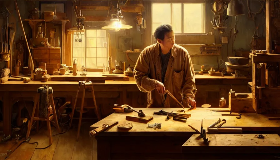 Image similar to highly detailed oil painting | very intricate | cinematic lighting | award - winning | craftsman | building a piece of furniture in their well organized clean workshop | beautiful cinematic light, american romanticism, by huang guangjian, gil elvgren, ruan jia, randy vargas, greg rutkowski, artstation, cgsociety, official art, octane