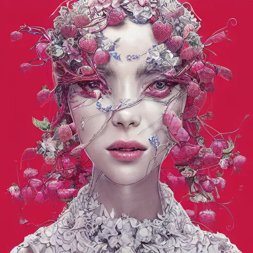 Image similar to the portrait of an absurdly beautiful, graceful, elegant, sophisticated, fashionable woman made of strawberries and white petals looking down, an ultrafine hyperdetailed illustration by kim jung gi, irakli nadar, intricate linework, bright colors, octopath traveler, final fantasy, unreal engine 5 highly rendered, global illumination, radiant light, detailed and intricate environment