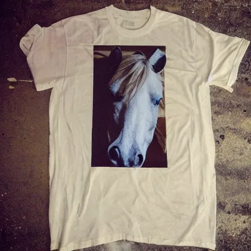 Prompt: “photo of a ripped, filthy dirty off-white t-shirt with the picture of a horse on it, hanging on a dirty concrete wall in a dark room with the floor covered in trash and garbage. Flash photo. Cursed image.”