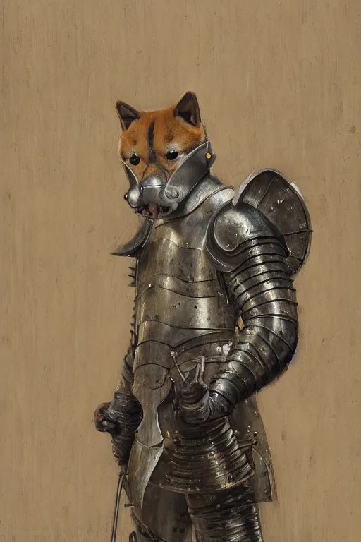 Image similar to a detailed matte portrait of an anthropomorphic shiba inu in steel plate armor, shiba inu face, very large longsword leaning against the side of a tavern, city streets, masterpiece, 8 k, art by donato giancola and greg rutkowski and wayne barlow and zdzisław beksinski