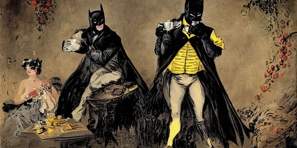 Prompt: Batman in victorian-costume is drinking tea, in style of Jean-Honore Fragonard, surrealist