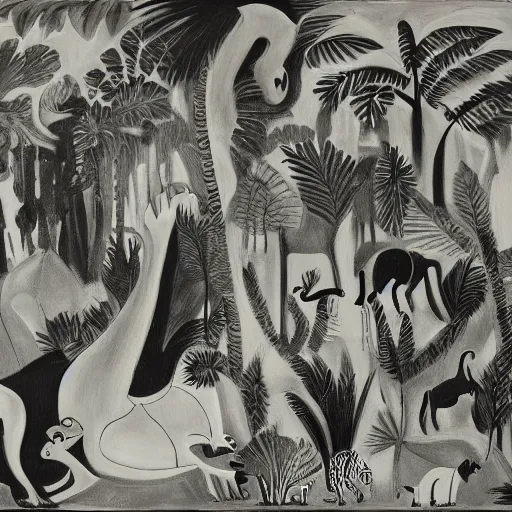 Prompt: black and white painting of the jungle with jungle animals, el guernica style,