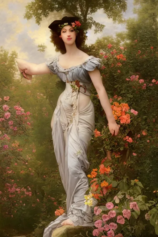 Image similar to art nouveau sensual queen of the garden full body portrait, loving amber eyes, a shy face, style portrait painting of François Boucher, Oil Painting, unreal 5, DAZ, hyperrealistic, octane render, Regal, Refined, Detailed Digital Art, RPG portrait, William-Adolphe Bouguereau, Michael Cheval, dynamic lighting, Highly Detailed, Cinematic Lighting, Unreal Engine, 8k, HD