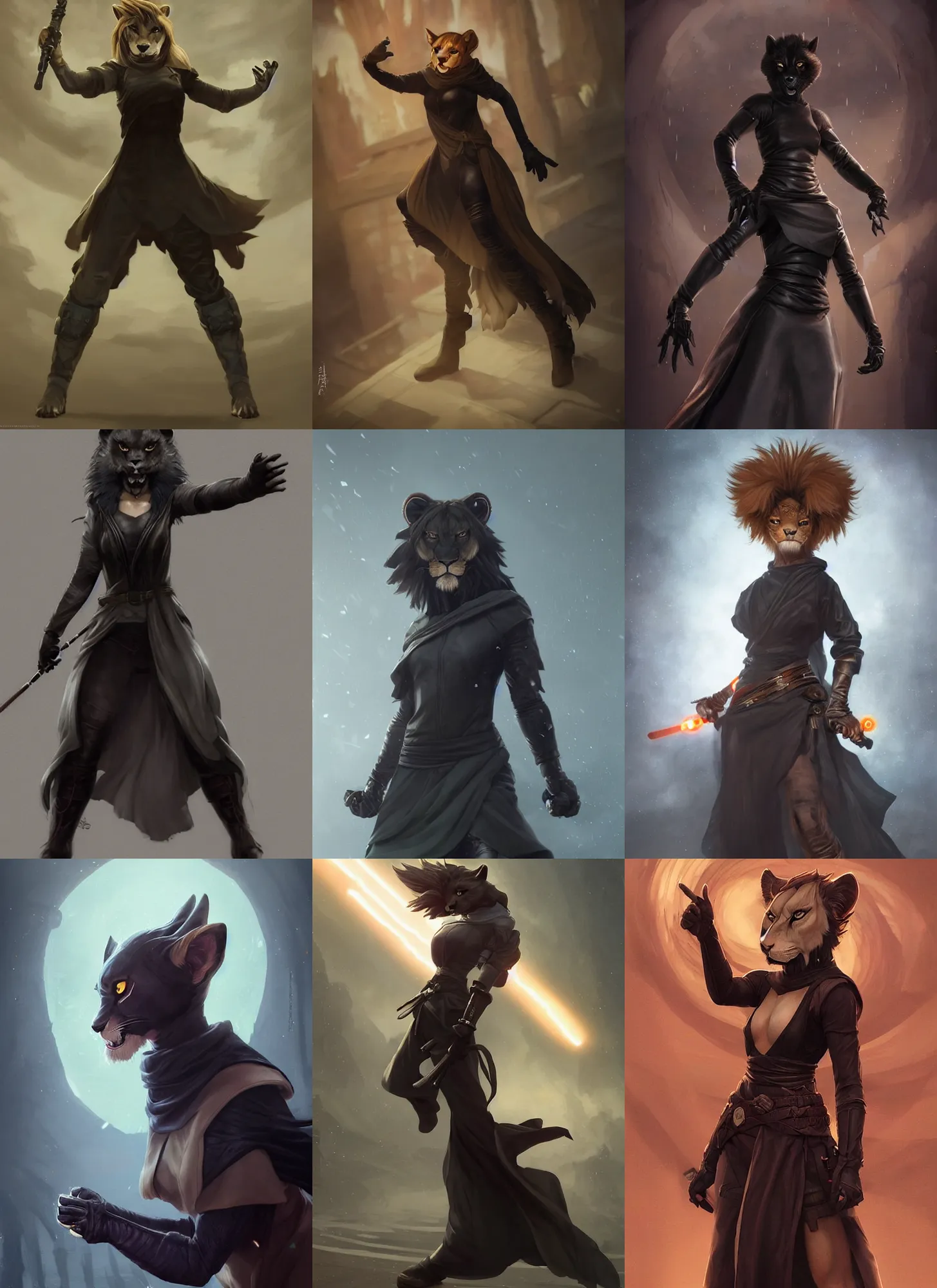 Prompt: beautiful portrait of a angry female anthropomorphic lioness fursona wearing black jedi robes. leather gloves. leather boots. combat stance. character design by charlie bowater, ross tran, artgerm, and makoto shinkai, detailed, soft lighting, rendered in octane