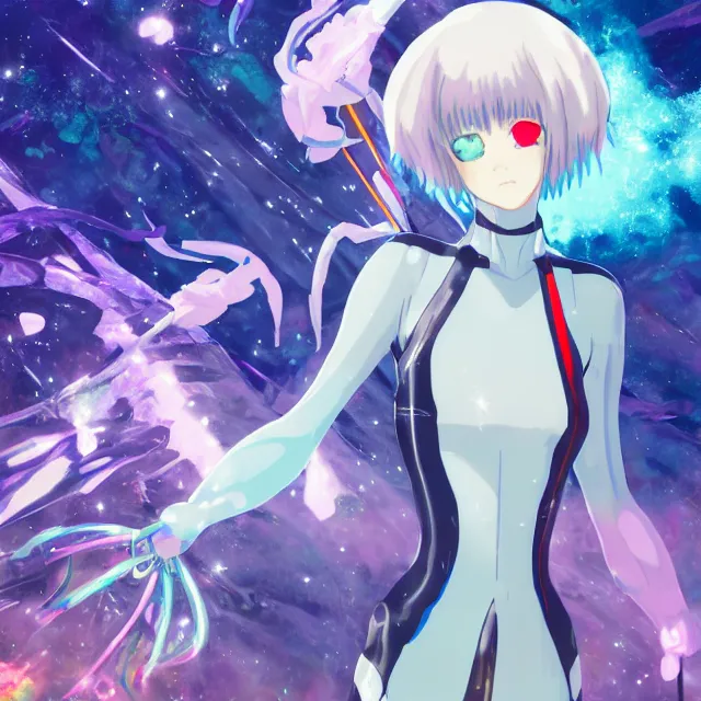 Image similar to rei ayanami, deep space, seascape, grimes, silver hair, shikinami asuka langley, card captor sakura, bunny ears, cosmos, psychedelic flowers, black opal, rainbow aura quartz, organic, oni compound artwork, of character, render, artstation, portrait, wizard, beeple, art, fantasy, epcot, psychedelic glitchcore