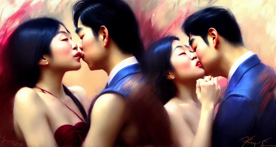 Image similar to photography of asian couples kissing each other, deep focus, volumetric light, colourful, sharp, detailed, digital painting by rolf armstrong, jeremy lipkin and michael garmash, rob rey and kentaro miura style, pinterest behance top picks