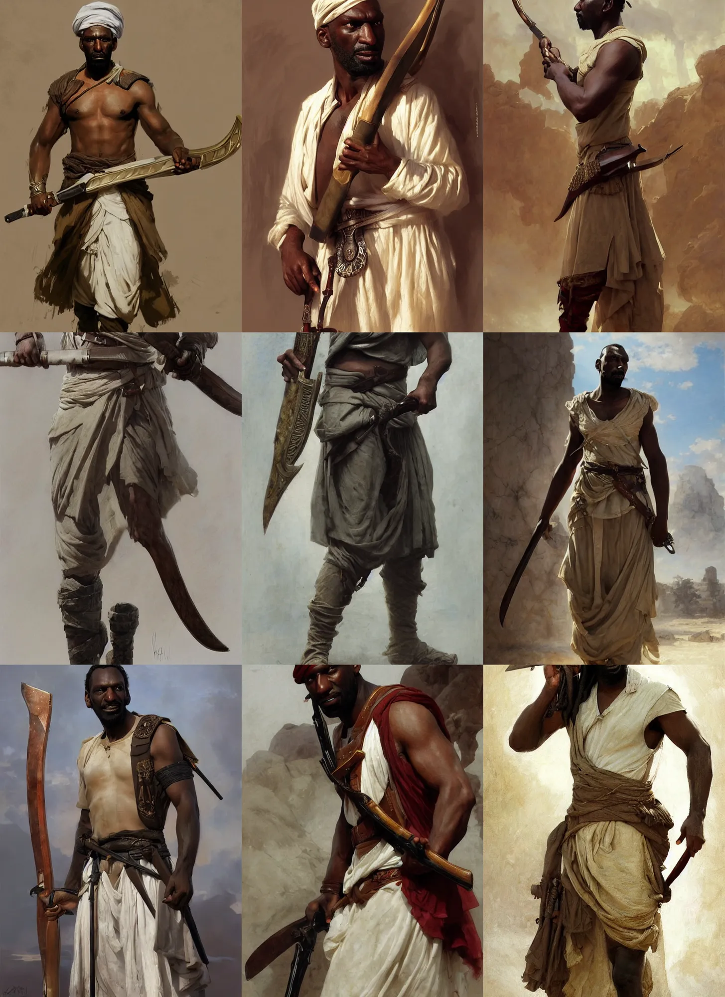 Prompt: omar sy as ancient libyan soldier, white skirt and barechest, holding khopesh, intricate, elegant, highly detailed, artstation, concept art, sharp focus, ruan jia, jurgens, orientalism, bouguereau