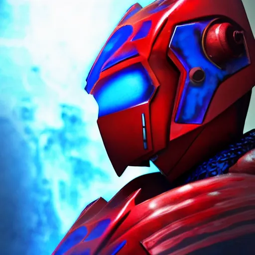 Image similar to High Fantasy Kamen Rider, blue armor with red secondary color, 4k, glowing eyes, daytime, rubber suit, dragon inspired armor, Guyver Unit 1 Armor