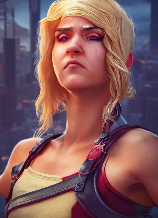 Image similar to An epic fantasy comic book style portrait painting of an athletic female thief with blonde hair dancing, unreal 5, DAZ, hyperrealistic, octane render, cosplay, RPG portrait, dynamic lighting, high detail