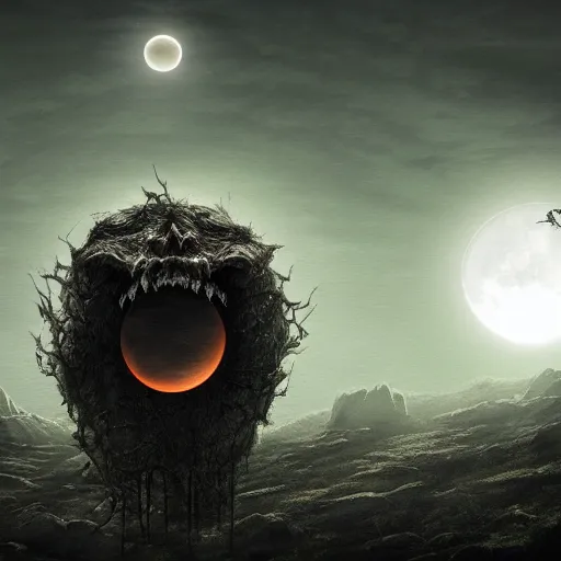 Prompt: sun eclipse, nature, monster, human run from danger, creepy atmosphere, dark ambient, art, artstation, highly detailed, 8 k