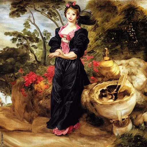 Image similar to heavenly summer sharp land sphere scallop well dressed lady standing next to a honda civic, auslese, by peter paul rubens and eugene delacroix and karol bak, hyperrealism, digital illustration, fauvist, standing next to a honda civic