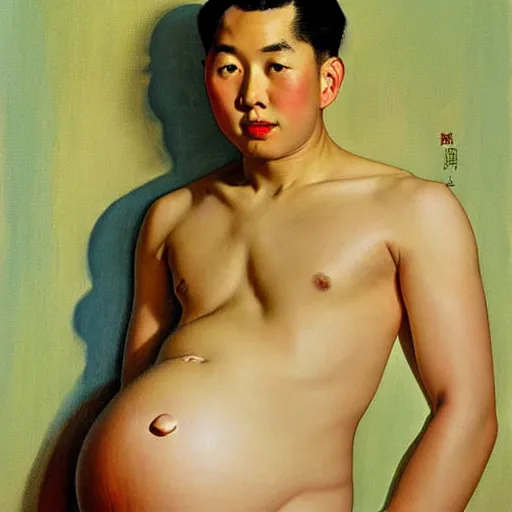 Image similar to Beautiful painting of a masculine young Asian male, pregnancy, round belly, pinup poster by J.C Leyendecker and Norman Rockwell