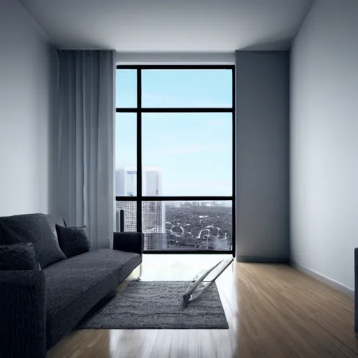 Prompt: high rise modern apartment interior artistic realistic minimalistic sharp focus futuristic tall windows