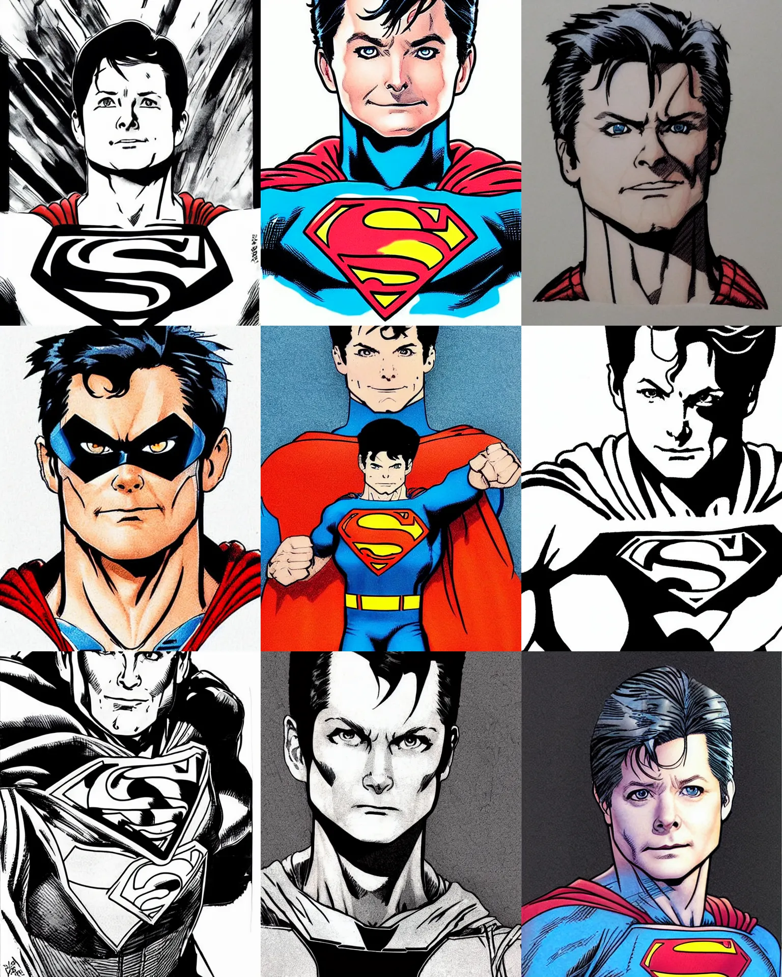 Prompt: michael j. fox!!! jim lee!!! flat ink sketch by jim lee face close up headshot superman costume in the style of jim lee, x - men superhero comic book character by jim lee