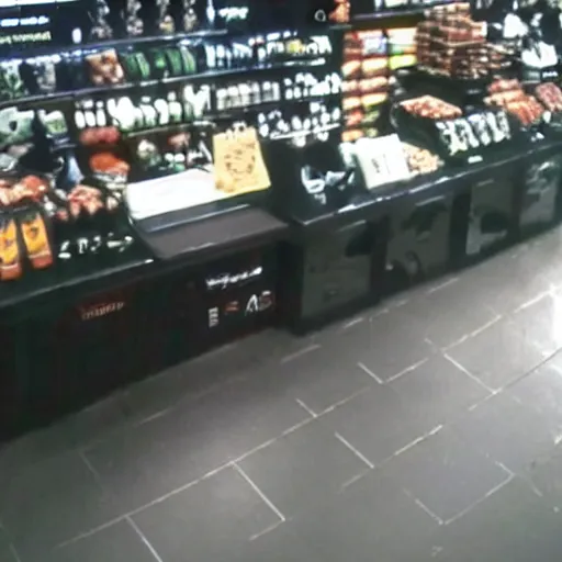 Prompt: black cat trail cam cctv footage in shopping plaza