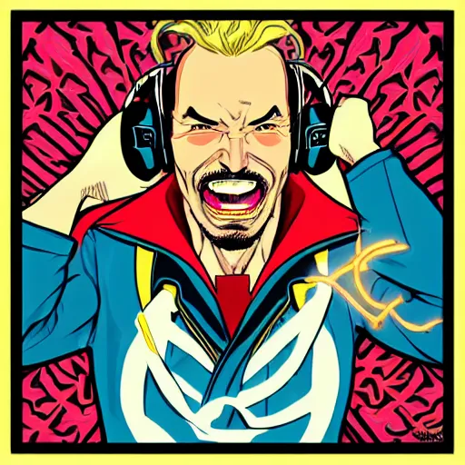 Image similar to artgerm, psychedelic laughing cybertronic dr. strange, rocking out, headphones dj rave, digital artwork, r. crumb, svg vector