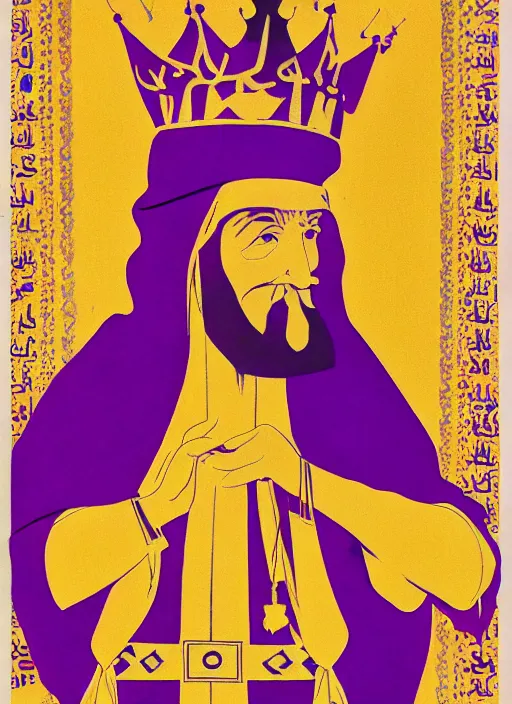 Prompt: Polish posters for Arabic king with long beard wearing purple robes, king's crown, and golden scepter. Screen printed, silkscreen, paper texture. 1968