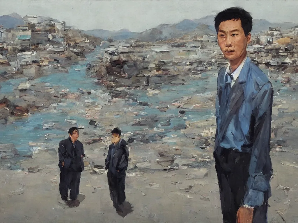 Prompt: ‘The Center of the World’ (Liu Xiaodong realist oil painting, large thick messy colorful brushstrokes, office worker from behind, next to a blue river and mountains) was filmed in Beijing in April 2013 depicting a white collar office worker. A man in his early thirties – the first single-child-generation in China. Representing a new image of an idealized urban successful booming China.