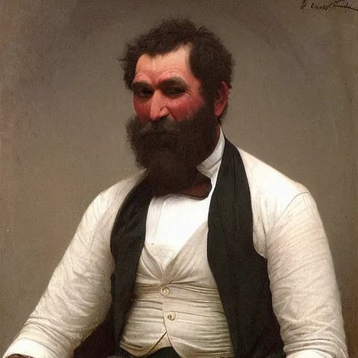 Image similar to detailed portrait painting of gentleman orc with green skin wearing brown tuxedo by William-Adolphe Bouguereau