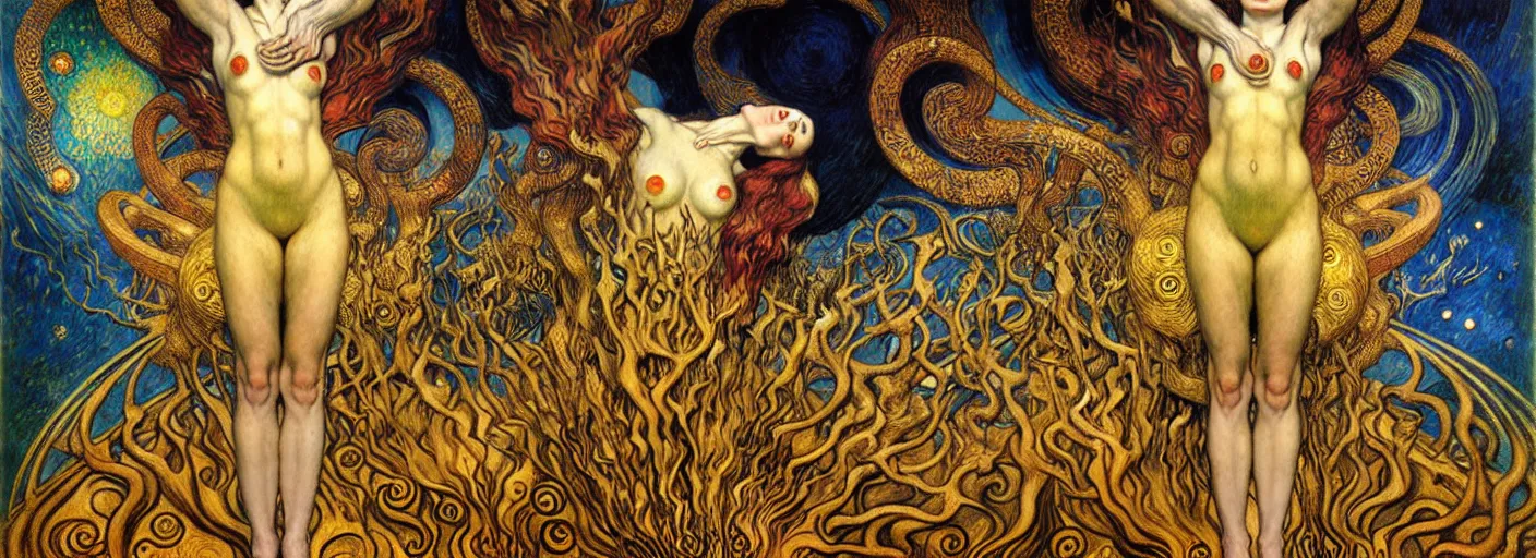 Image similar to Divine Chaos Engine by Karol Bak, Jean Delville, William Blake, Gustav Klimt, and Vincent Van Gogh, symbolist, visionary