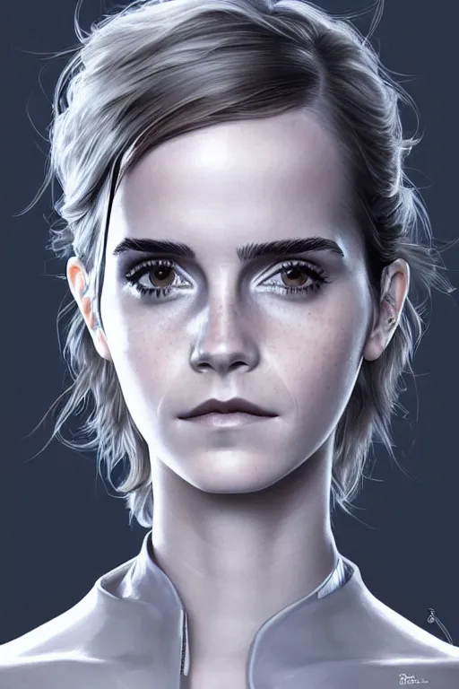 Image similar to science-fiction character portrait of emma watson, short silver hair, tall, elegant, highly detailed, digital painting, artstation, upper body, concept art, smooth, sharp focus, illustration, art by artgerm and greg rutkowski and alphonse mucha