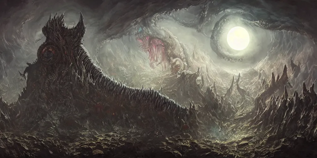 Prompt: concept art of giant kaiju, lovecraftian, lots of teeth, melting horror, round moon, rich clouds, fighting the horrors of the unknown, mirrors, very detailed, volumetric light, mist, grim, fine art, decaying, textured oil over canvas, epic fantasy art, very colorful, ornate, anato finnstark