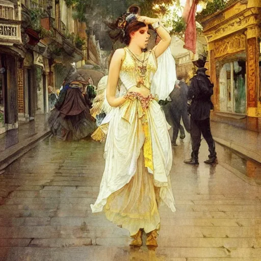 Prompt: a beautifull intricate watercolour painting of a dancing balerinas in the victorian street, reflexions, verry high details by william turner art, greg rutkowski and alphonse mucha, trending on artstation, very very detailed, masterpiece, muted colors