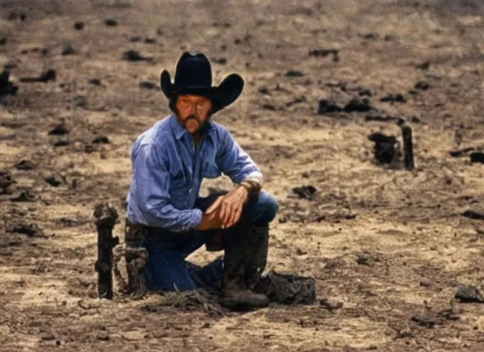 Image similar to a cowboy wearing a disguise while he sinks into a tar pit wide shot, from the hit 9 0 s tv show