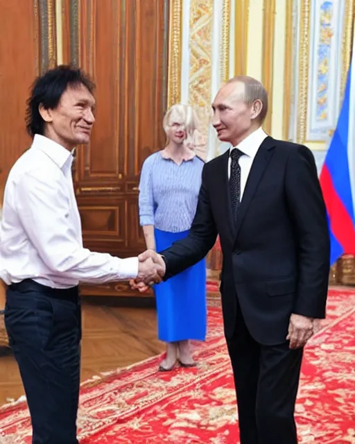 Prompt: sixty years old viktor tsoi with joyful look in a business suit shaking hands with vladimir putin in kremlin, mscow, color photo, mid shot photo, digital photo, 4 k