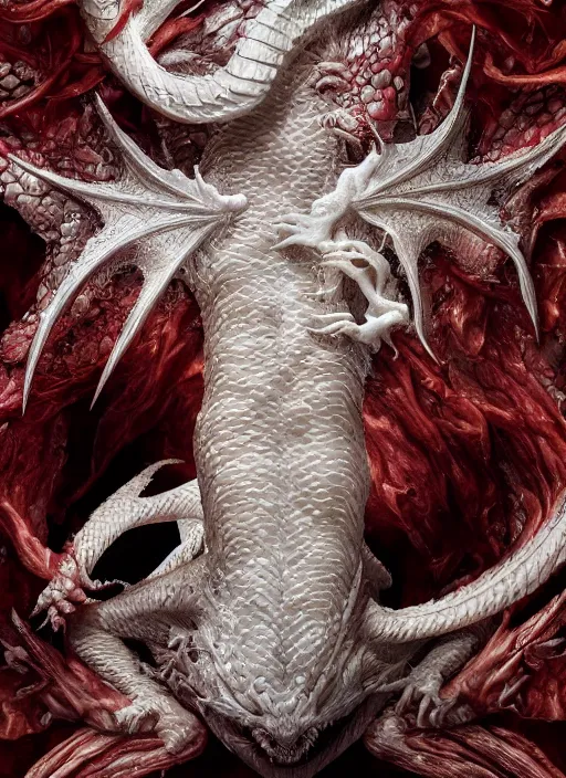 Image similar to portrait of a white dragon with translucent skin, visible muscles and veins and arteries and bones and spines and nerves, beautiful detailed intricate insanely detailed octane render, 8k artistic photography, photorealistic, chiaroscuro, by David Cronenberg, Raphael, Caravaggio